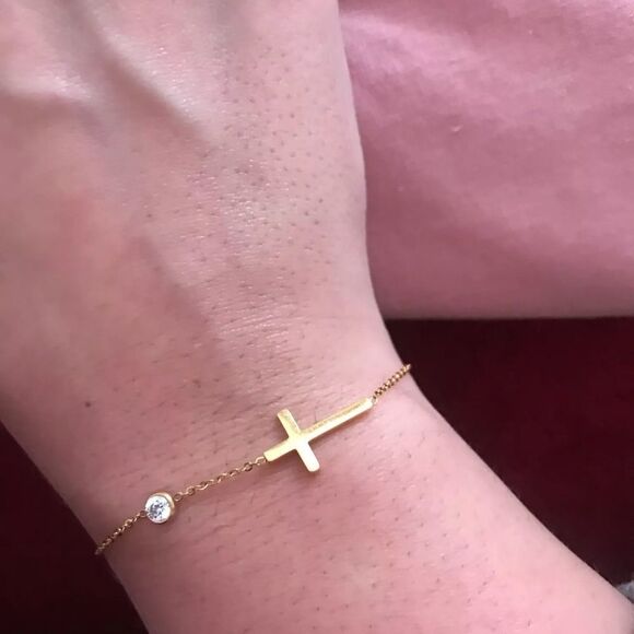 Gold Sideways Cross Bracelet Cubic Zirconia Charm - Picture 10 of 11